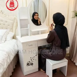 Modern White Dressing Table with Oval Mirror and Stool