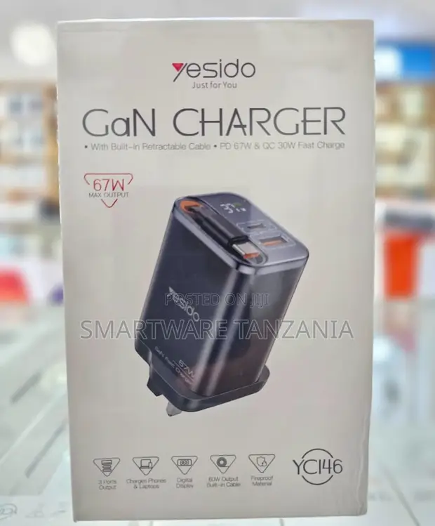 Yesido YC146 67W GaN Charger na Port 3 na Kebo Iliyojengewa - 1
