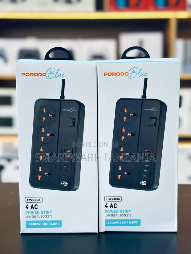 Porodo Blue FWC034 Power Strip 4 Soketi 3000W na Kebo ya 3m - 1