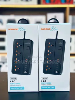 Porodo Blue FWC034 Power Strip 4 Soketi 3000W na Kebo ya 3m