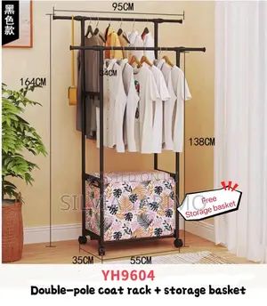 Double Pole Coat Rack with Storage Bucket