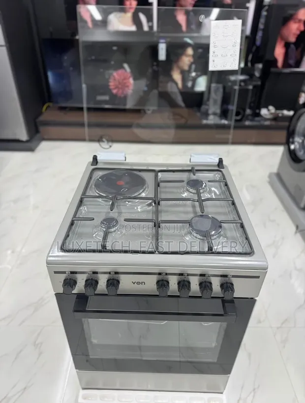 Von Cooker 60x55cm: 3 Gas + 1 Hotplate ya Umeme, Oven ya Umeme - 1