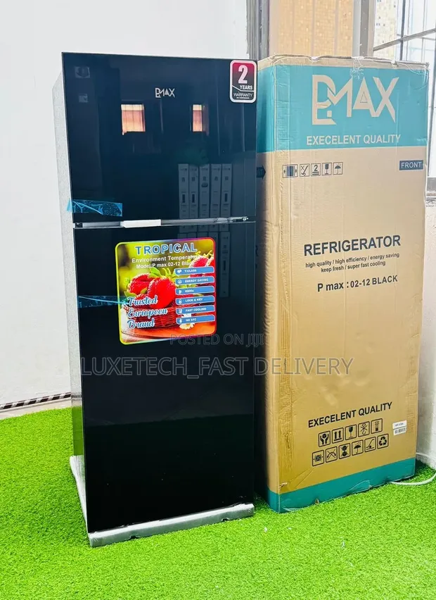 Pmax Black Glass Double-Door Refrigerator 212L - 1