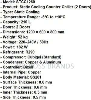 Counter Fridge 210 Liters, 2 Stainless Steel Doors