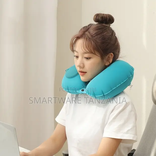 Teal Self-Inflating Neck Pillow for Office and Travel - 1