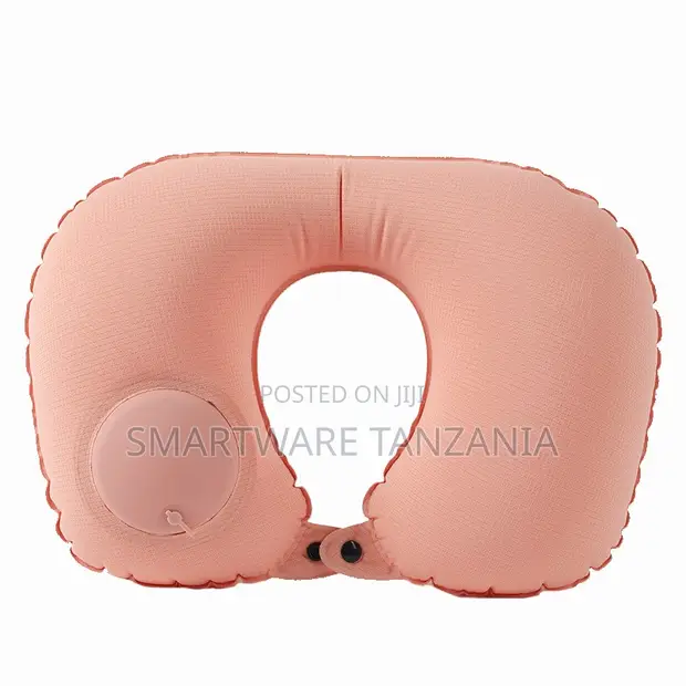 Peach Pink Fabric Travel Neck Pillow with Pump - 1