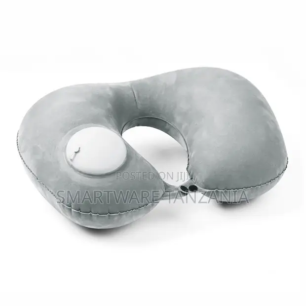 Grey Velvet Inflatable Neck Pillow with Press-button Pump - 1