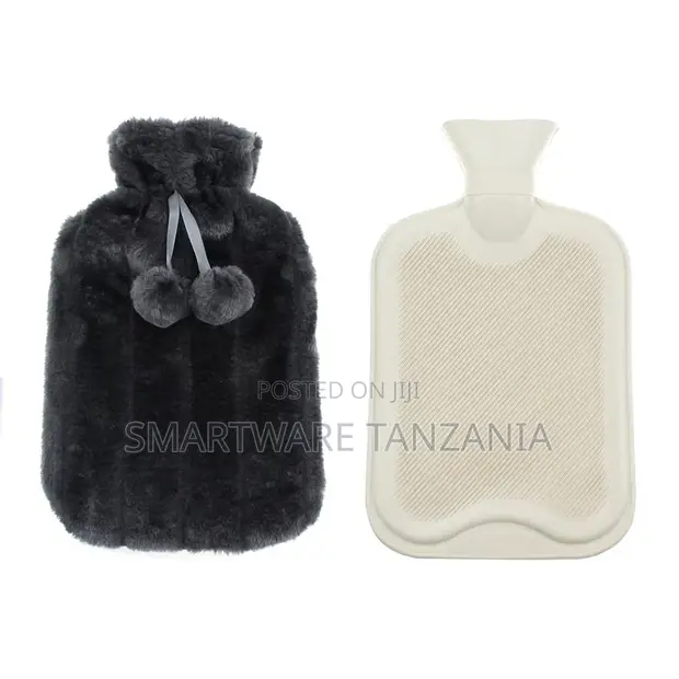 Dark Grey Faux Fur Hot Water Bottle with Pom-Pom Cover - 1