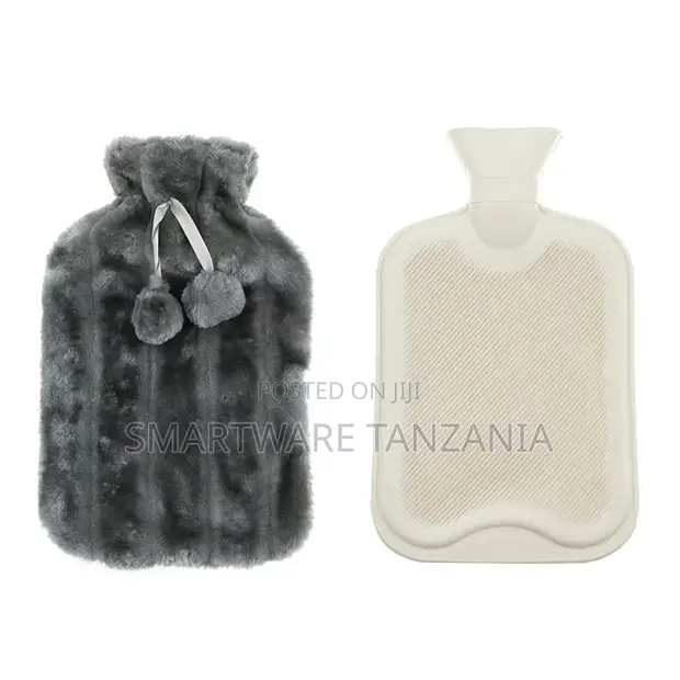 Marbled Grey Faux Fur Hot Water Bottle with Pom-Poms - 1