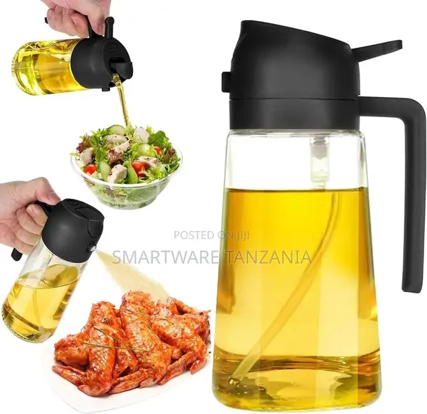 Black Glass Oil Bottle with Pour Spout & Spray Nozzle - 1