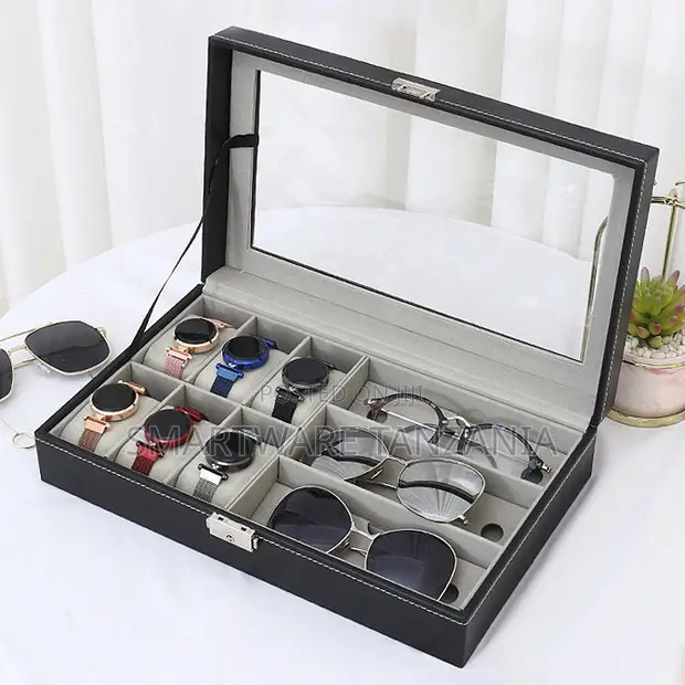 PU Leather Watch and Glasses Storage Box with Clear Lid - Black - 1