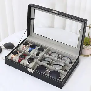 PU Leather Watch and Glasses Storage Box with Clear Lid - Black
