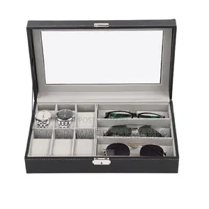 Black Leather Watch & Sunglasses Organizer Box - Large