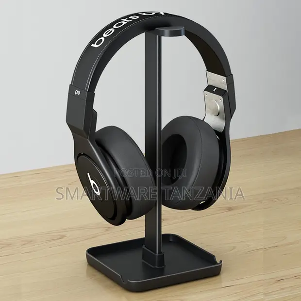 Black Metal Headphone Stand with Storage Tray - 1