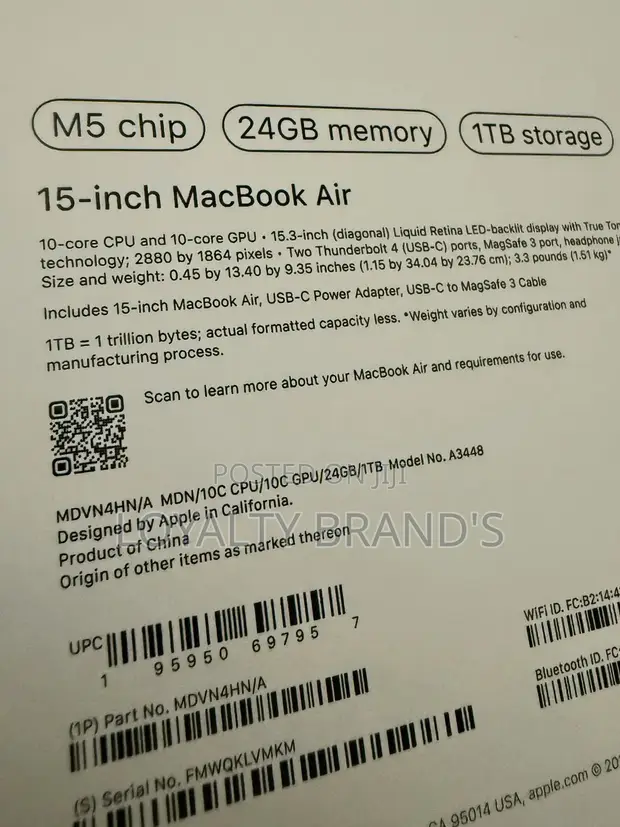 Apple MacBook Air 2026 M5 13-inch 1TB SSD, 24GB RAM - 1