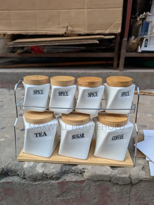 White Ceramic Canister Set with Bamboo Lids - 1