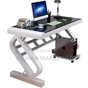 Modern Z-Shape Computer Desk with Glass Top