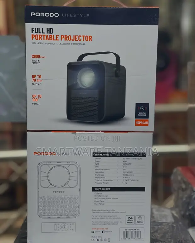 Porodo Full HD Portable Projector, Android, Lumens 3000, Onyesho la 100" - 1