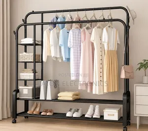 Heavy Duty Double Pole Clothes Hanger with Shelves