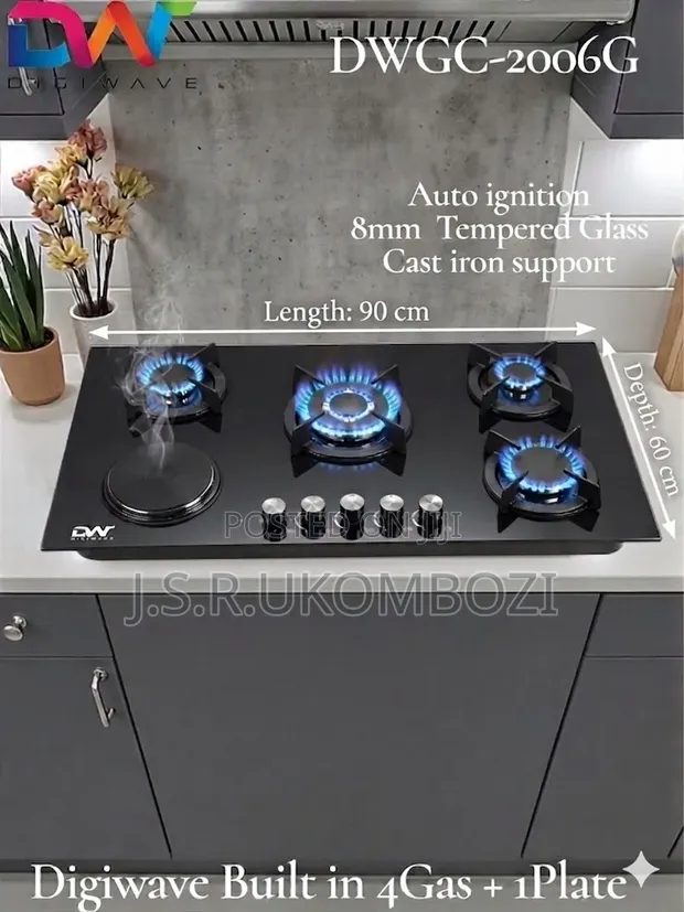 Digiwave Hob ya Gesi ya Kujengwa Ndani 5 Burner Kioo 90cmx60cm - 1