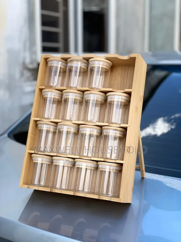Bamboo Spice Rack with 16 Glass Jars - 1