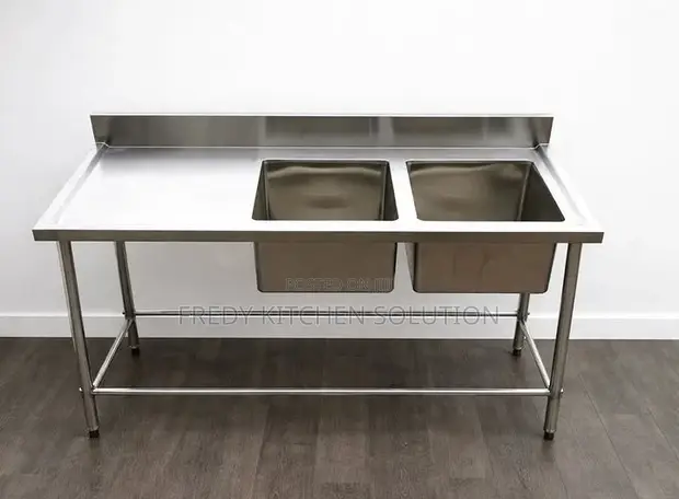 Sink la Chuma cha Kutolea Nje cha Double Bowl cha Kibiashara na Meza ya Kazi 1.8m - 1