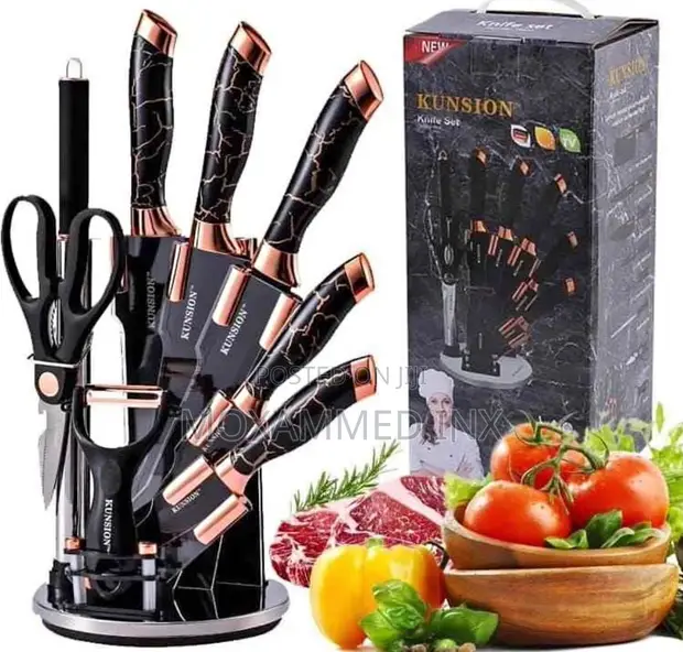 Kunsion 9-Piece Marble-Textured Kitchen Knife Set with Rotating Stand - 1