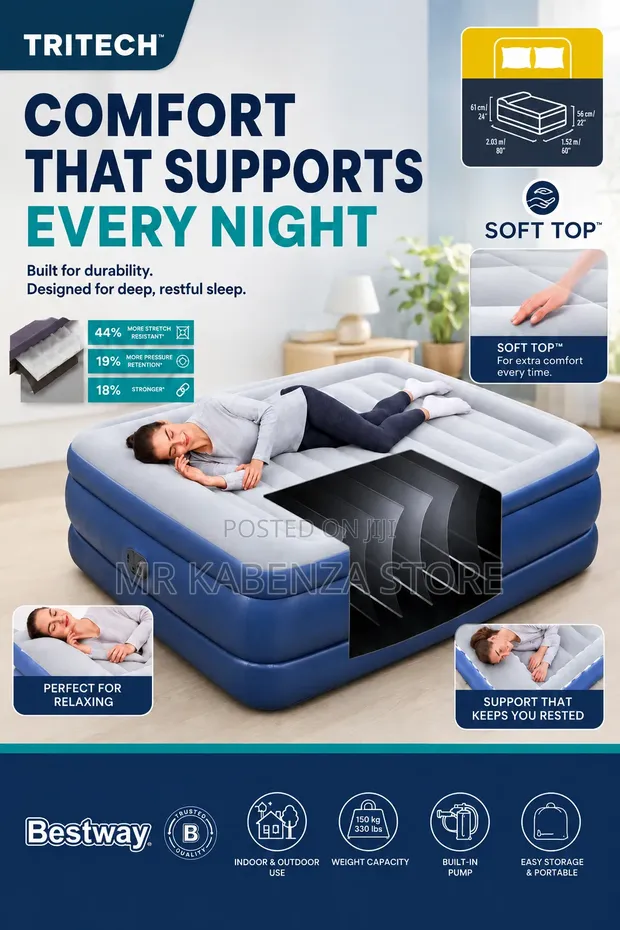 Bestway Tritech Queen/Double Air Mattress with Built-in Pump - 1