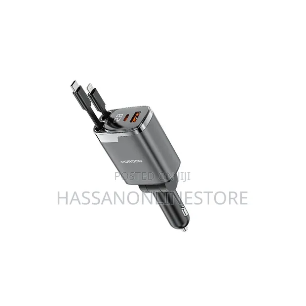 Porodo 111W Car Charger with Retractable Lightning & Type-C Cables - 1