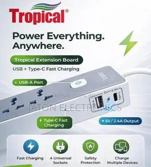 Tropical Extension Cord na Njia 4, USB & Type-C, 3m