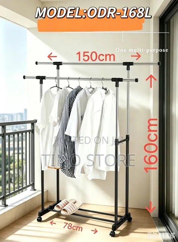 Double Pole Telescopic Clothes Rack with Shelf - 1