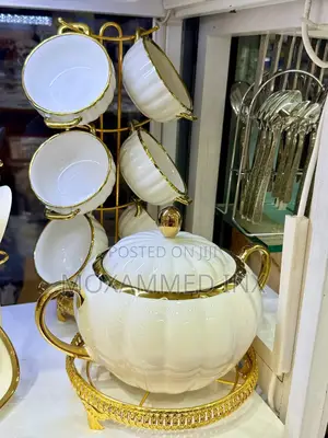 White and Gold Pumpkin-Shaped Ceramic Soup Set