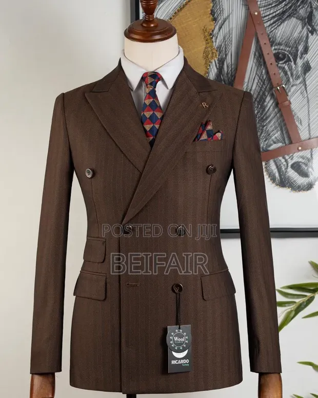 Brown Double Breasted Light Checked Suit - 1