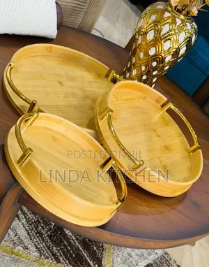 Bamboo Round Trays Set of 3 with Golden Handles