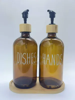 Soap Dispenser Set - Amber Glass & Bamboo