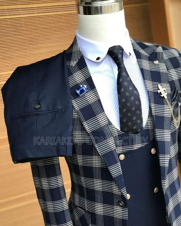 Premium Navy Blue Plaid 3-Piece Slim Fit Suit - 1
