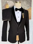Marshalino Tuxedo Nyeusi ya Kifahari ya Velvet na Lapel ya Shawl, Seti ya Vipande 3 - 4