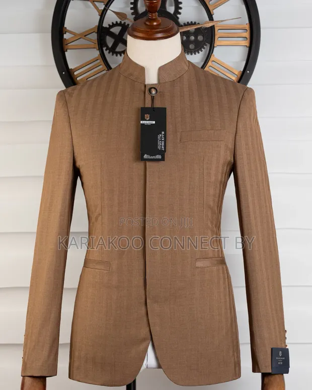 Premium Tan Pinstripe Mandarin Collar Slim Fit Suit - 1