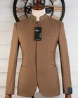 Premium Tan Pinstripe Mandarin Collar Slim Fit Suit - 1