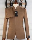 Premium Tan Pinstripe Mandarin Collar Slim Fit Suit - 2
