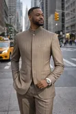 Premium Tan Pinstripe Mandarin Collar Slim Fit Suit - 4