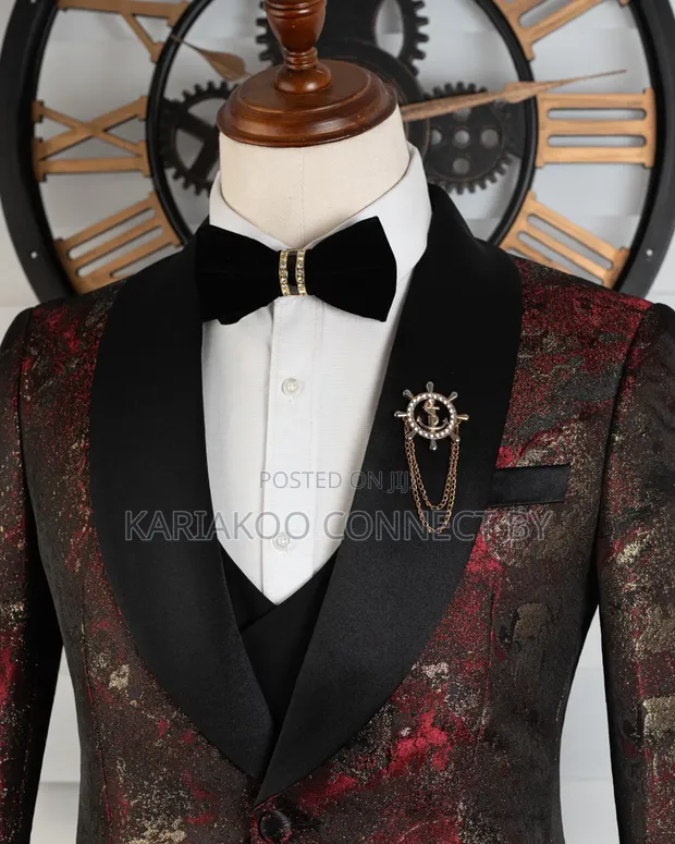 Luxury Red Gold Brocade Dinner Jacket 3-Piece Suit - 1