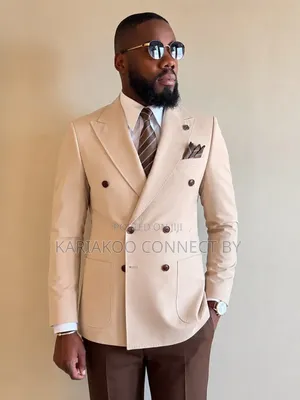 Cream Double-Breasted Blazer & Brown Trousers Combo - Carlos Cardini