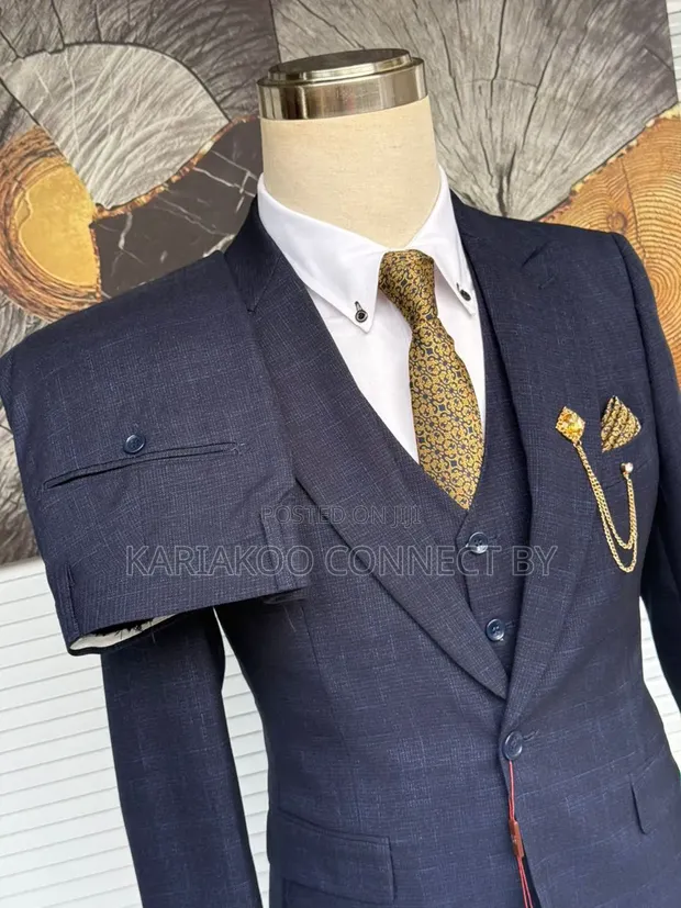 Premium Navy Blue Textured 3-Piece Suit - 1