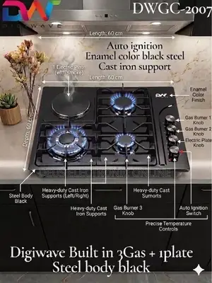 Digiwave 60x60cm Cooker: 3 Gas Burners + 1 Electric Plate, Black Enamel