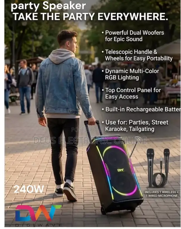 Digiwave Party Rechargeable Speaker 240W with Wireless Mic - 1
