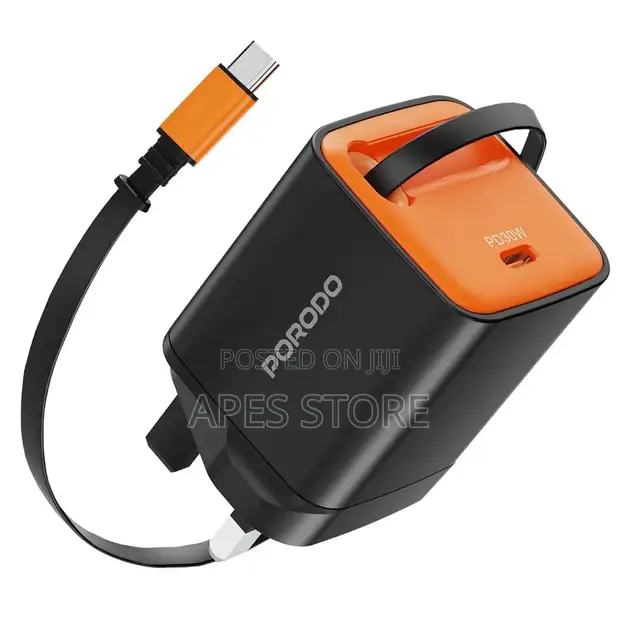 Chaja ya Porodo Tezpatro 30W GaN na Kebo ya USB-C inayorudishwa - 1