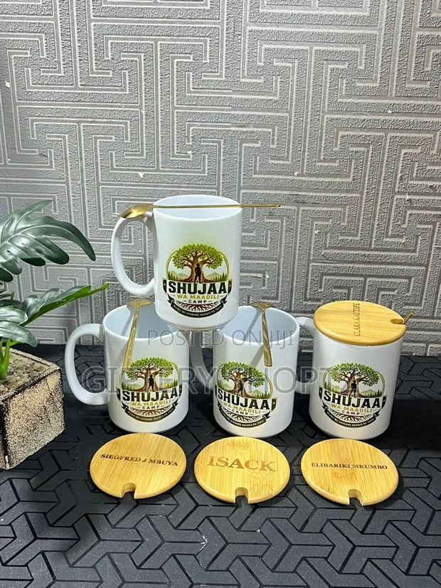 Mug ya Ceramic yenye Mfuniko wa Mianzi na Kijiko - Inaweza Kubinafsishwa - 1