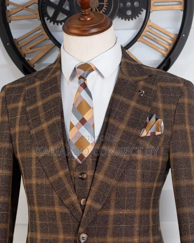 Suti ya Marcelino Premium Slim Fit Brown Gold Grid kwa Wanaume - 1