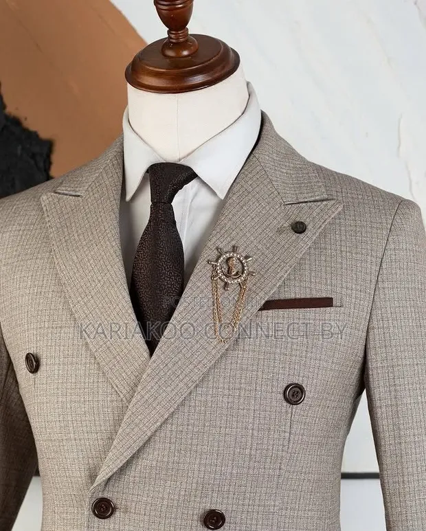 Premium Slim Fit Double-Breasted Men's Suit (Light Beige Plaid) - 1